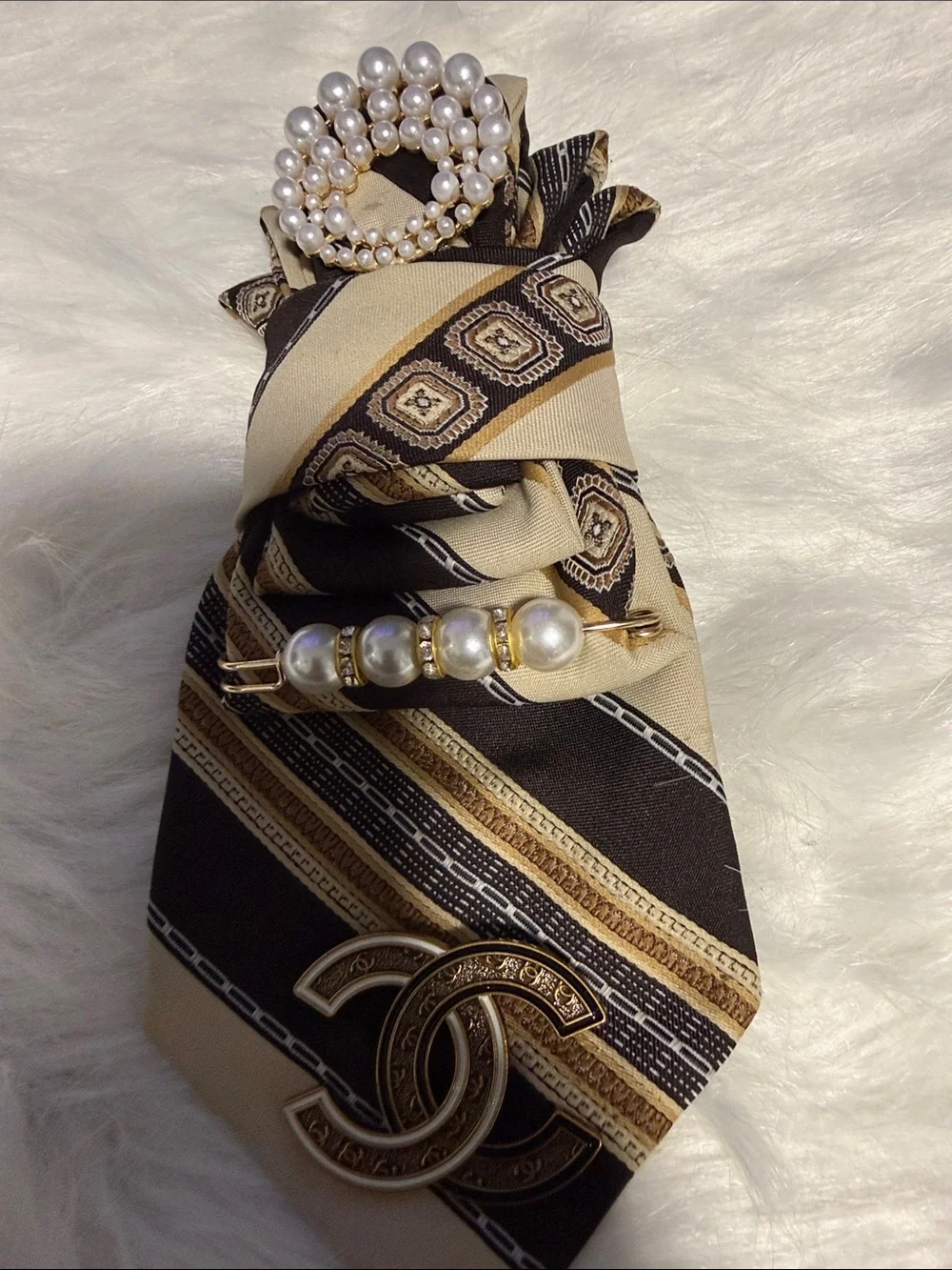 CHANEL Black and Cream Silk Junk Tie with Pearl Accents